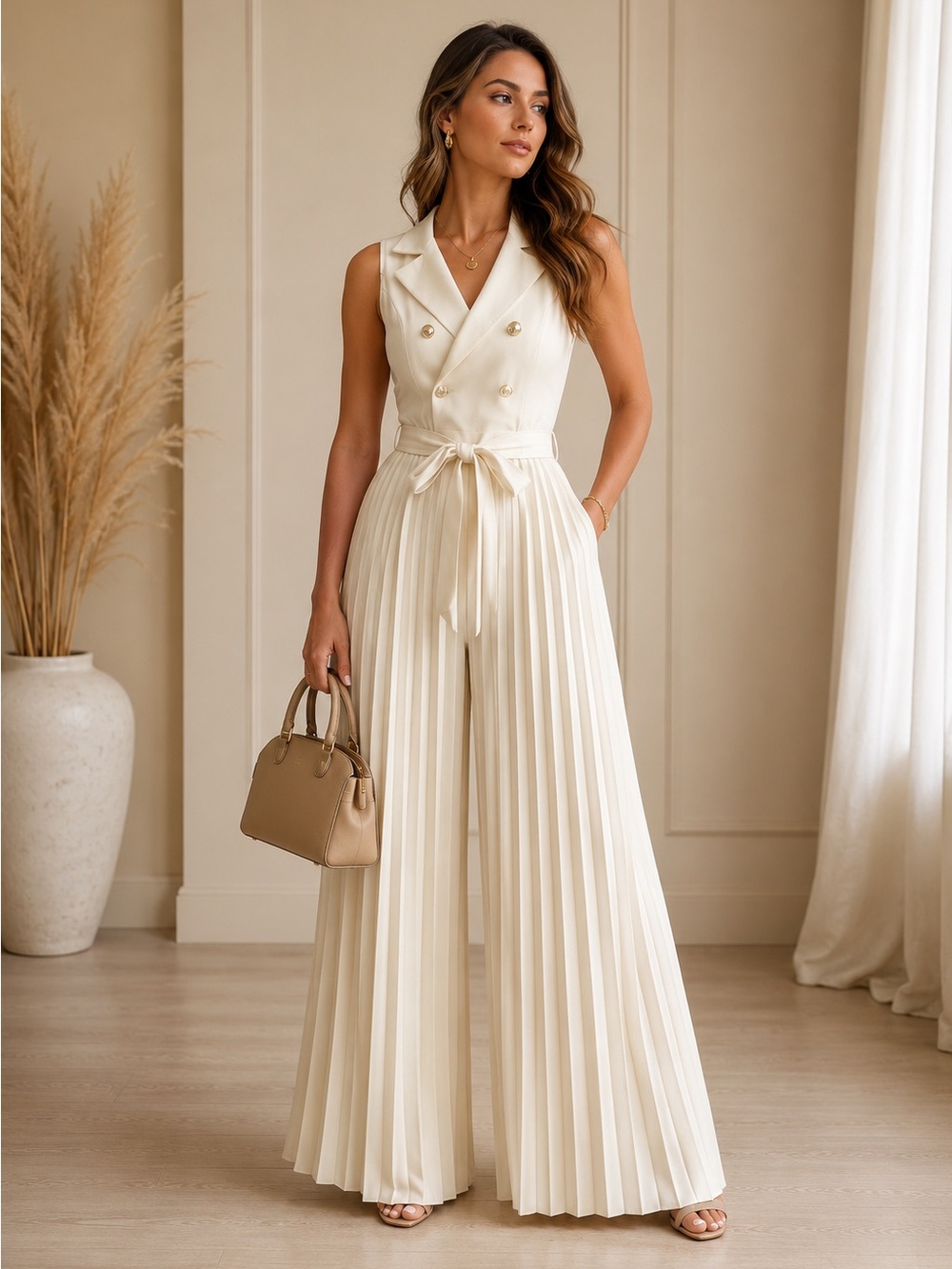NEW - Elegant Apricot Pleated Wide Leg Jumpsuit Double Breasted